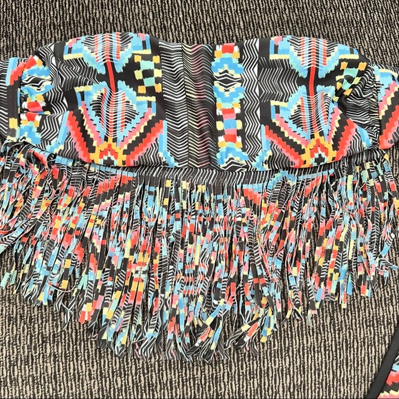 L*Space Strapless Reversible Tribal Black & Multi-Color Fringe Bikini Top Sz S - Picture 6 of 11